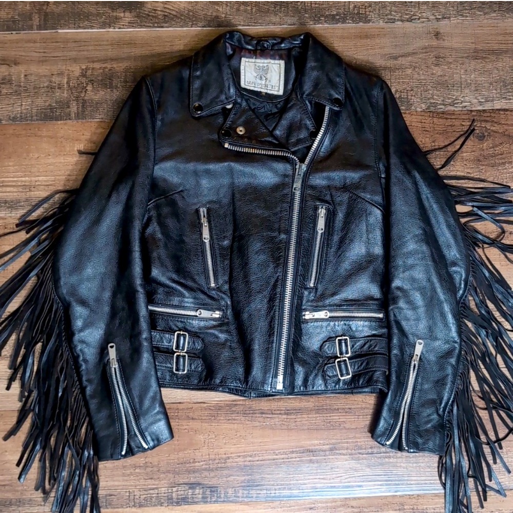 Drag Specialties Motorcycle Jacket Black Fringe Leather Size 10